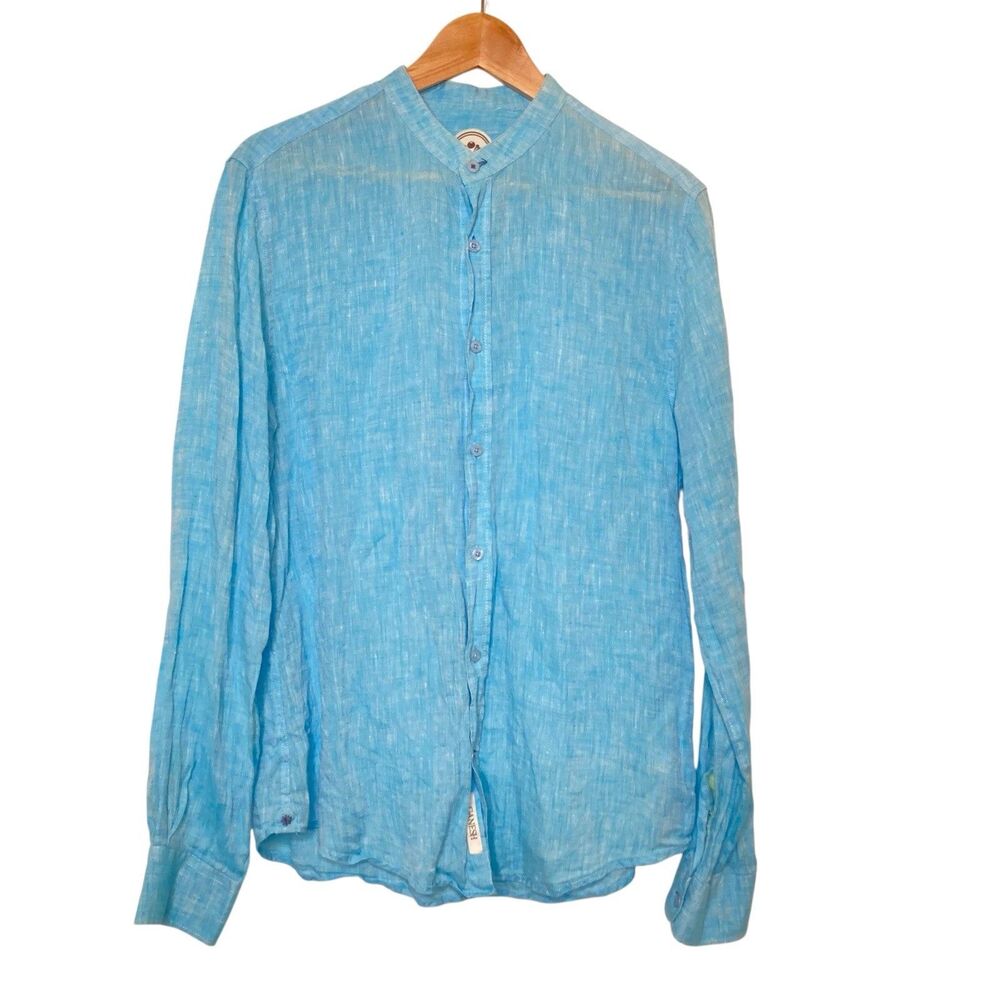 Ganesh 100% Linen Shirt Mens Large Blue Embroidered Long Sleeves Artisan Italy